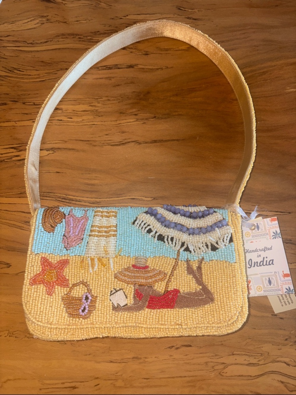 Viral Handcrafted Beaded Beach Scene Shoulder Bag - Cream & Blue
